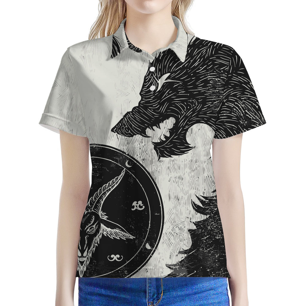 Black Demon Wolf Print Women's Polo Shirt