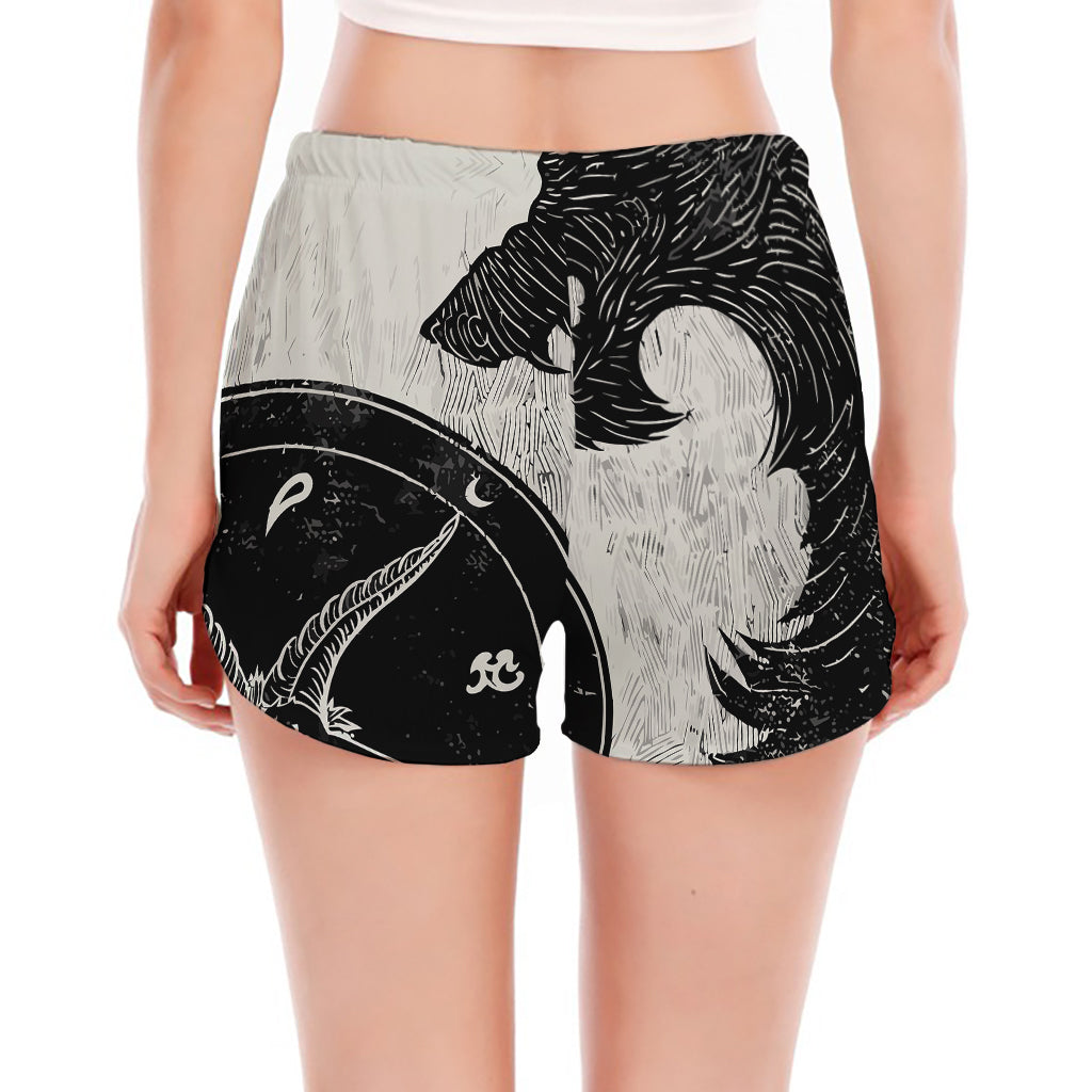 Black Demon Wolf Print Women's Split Running Shorts
