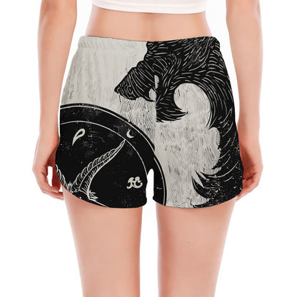 Black Demon Wolf Print Women's Split Running Shorts