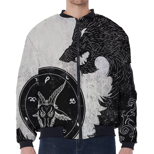 Black Demon Wolf Print Zip Sleeve Bomber Jacket