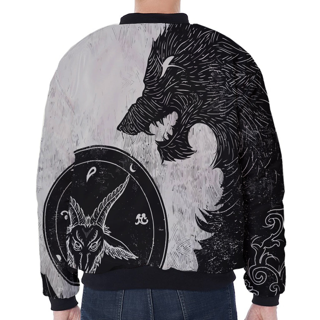 Black Demon Wolf Print Zip Sleeve Bomber Jacket