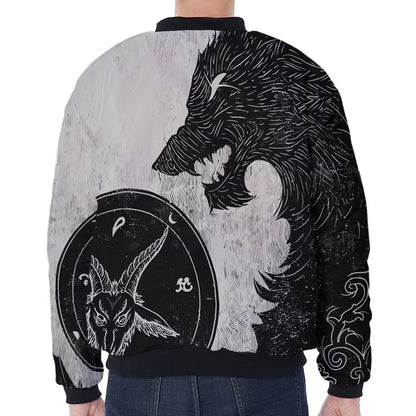 Black Demon Wolf Print Zip Sleeve Bomber Jacket