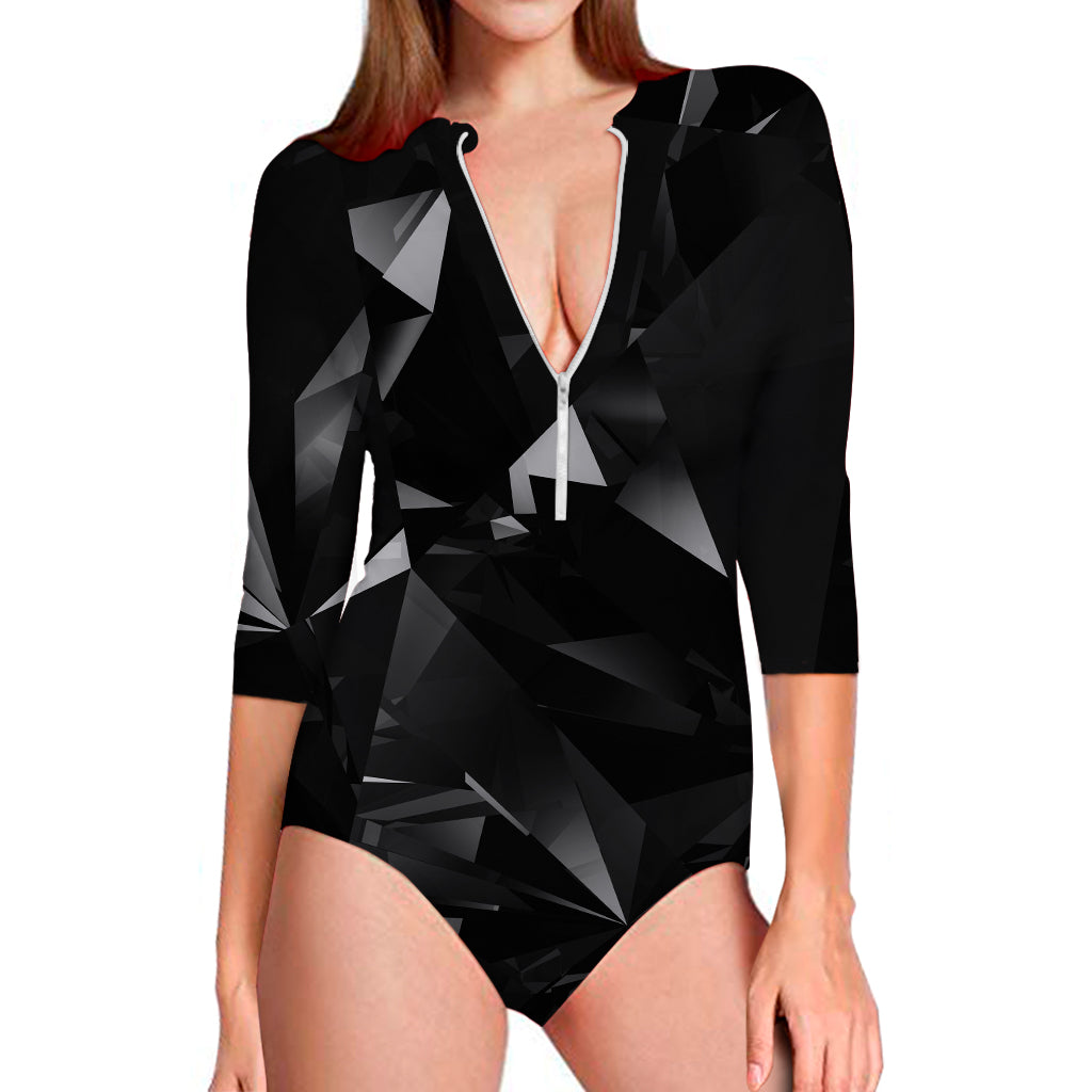 Black Diamond Print Long Sleeve Swimsuit