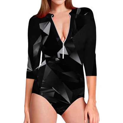 Black Diamond Print Long Sleeve Swimsuit