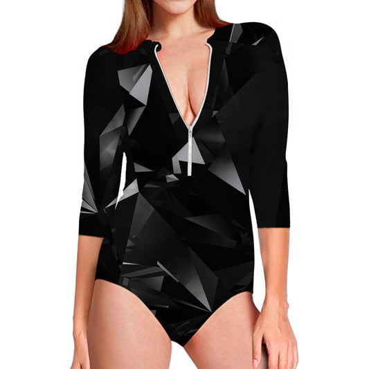 Black Diamond Print Long Sleeve Swimsuit