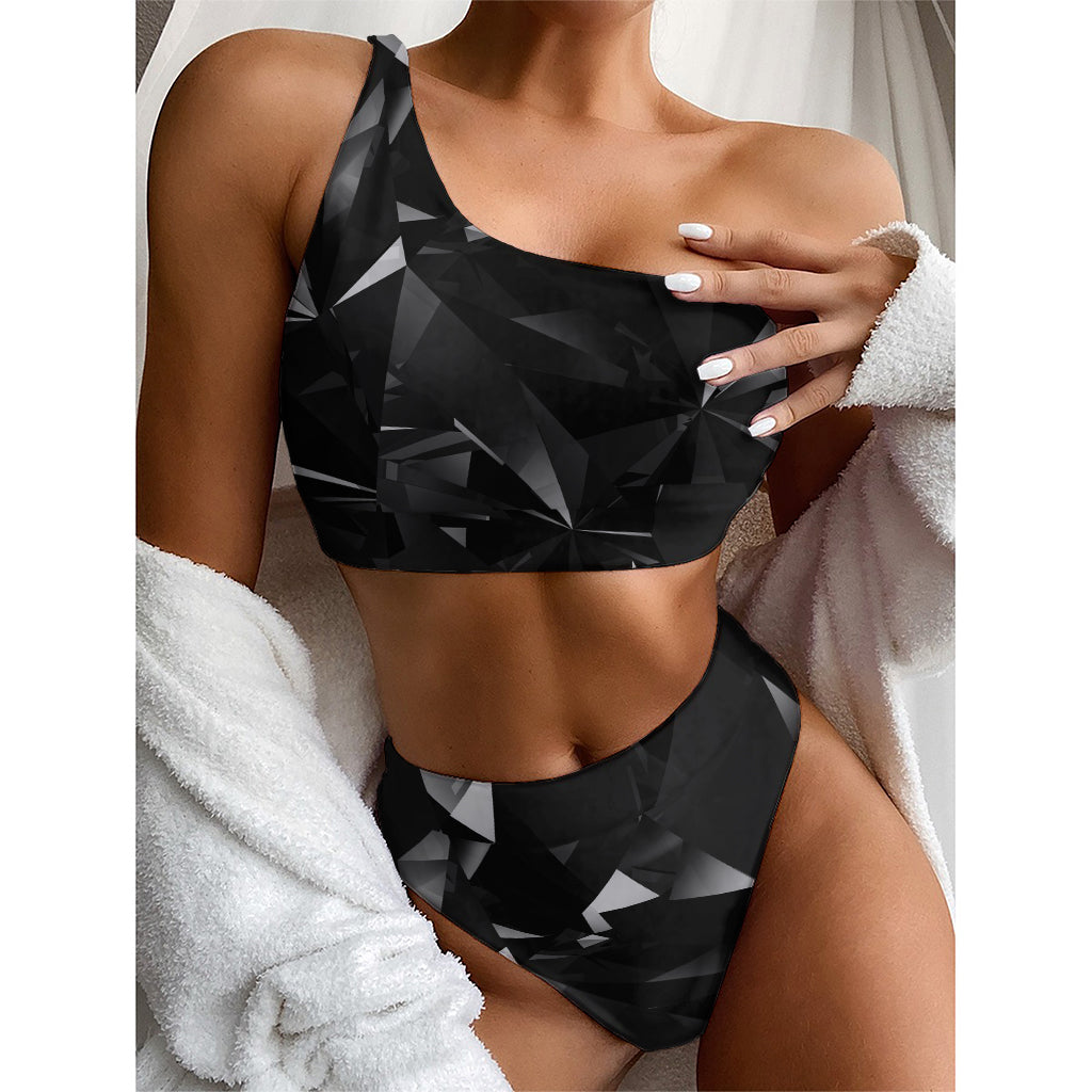 Black Diamond Print One Shoulder Bikini Top