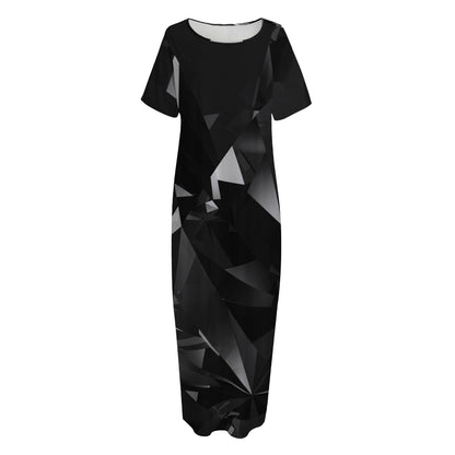Black Diamond Print Short Sleeve Long Nightdress