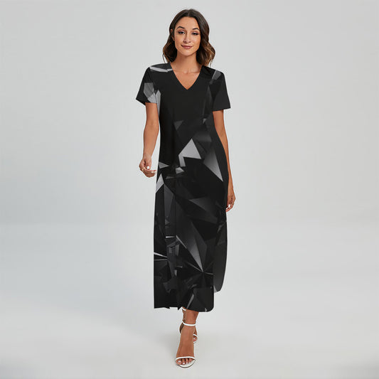 Black Diamond Print Short Sleeve Maxi Dress