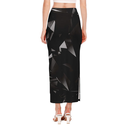 Black Diamond Print Side Slit Maxi Skirt