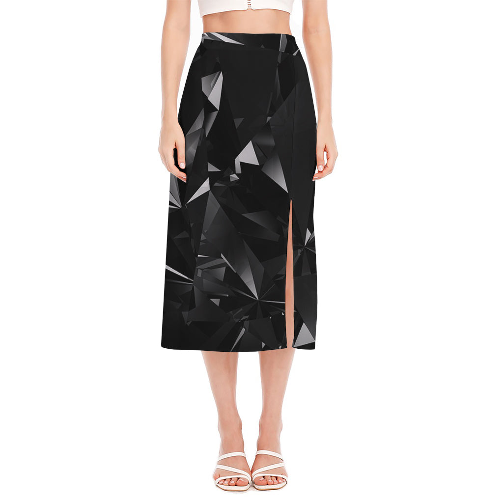 Black Diamond Print Side Slit Midi Skirt