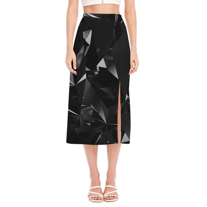Black Diamond Print Side Slit Midi Skirt