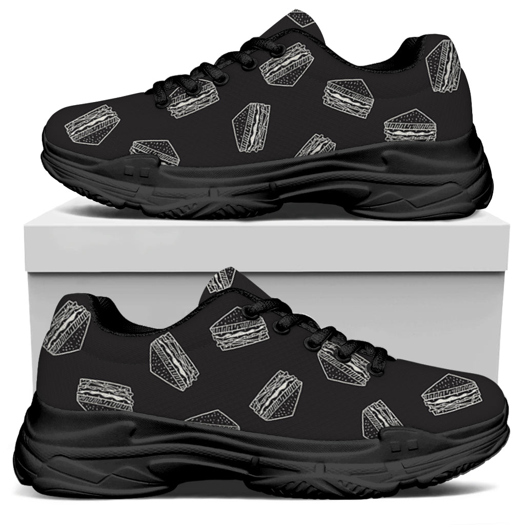 Black Doodle Sandwich Pattern Print Black Chunky Shoes