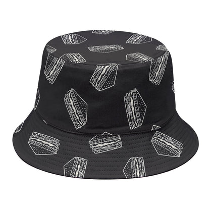 Black Doodle Sandwich Pattern Print Bucket Hat