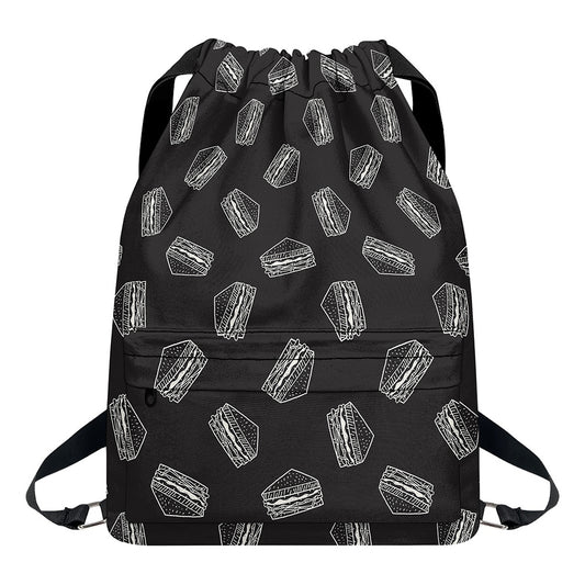 Black Doodle Sandwich Pattern Print Drawstring Backpack