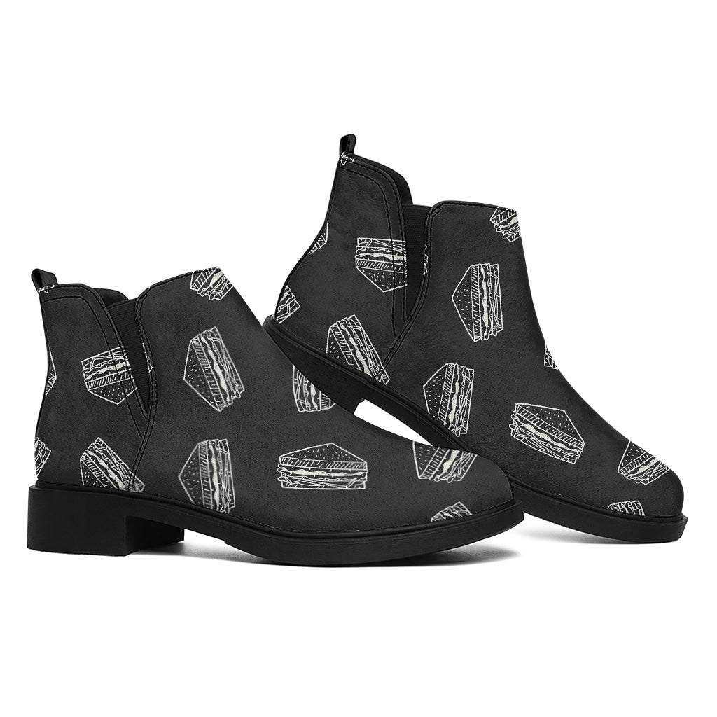 Black Doodle Sandwich Pattern Print Flat Ankle Boots