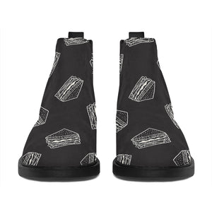 Black Doodle Sandwich Pattern Print Flat Ankle Boots