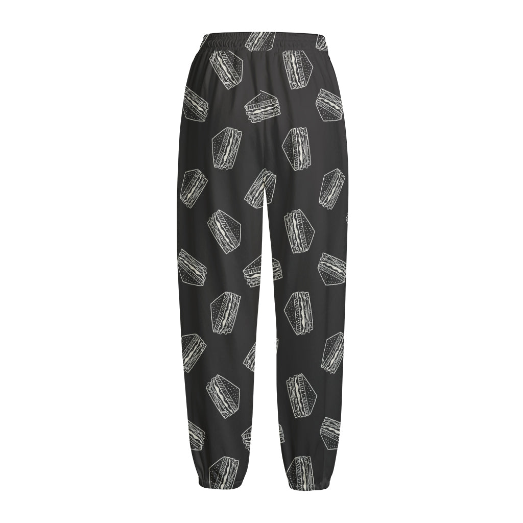 Black Doodle Sandwich Pattern Print Fleece Lined Knit Pants