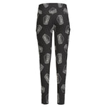 Black Doodle Sandwich Pattern Print High-Waisted Pocket Leggings