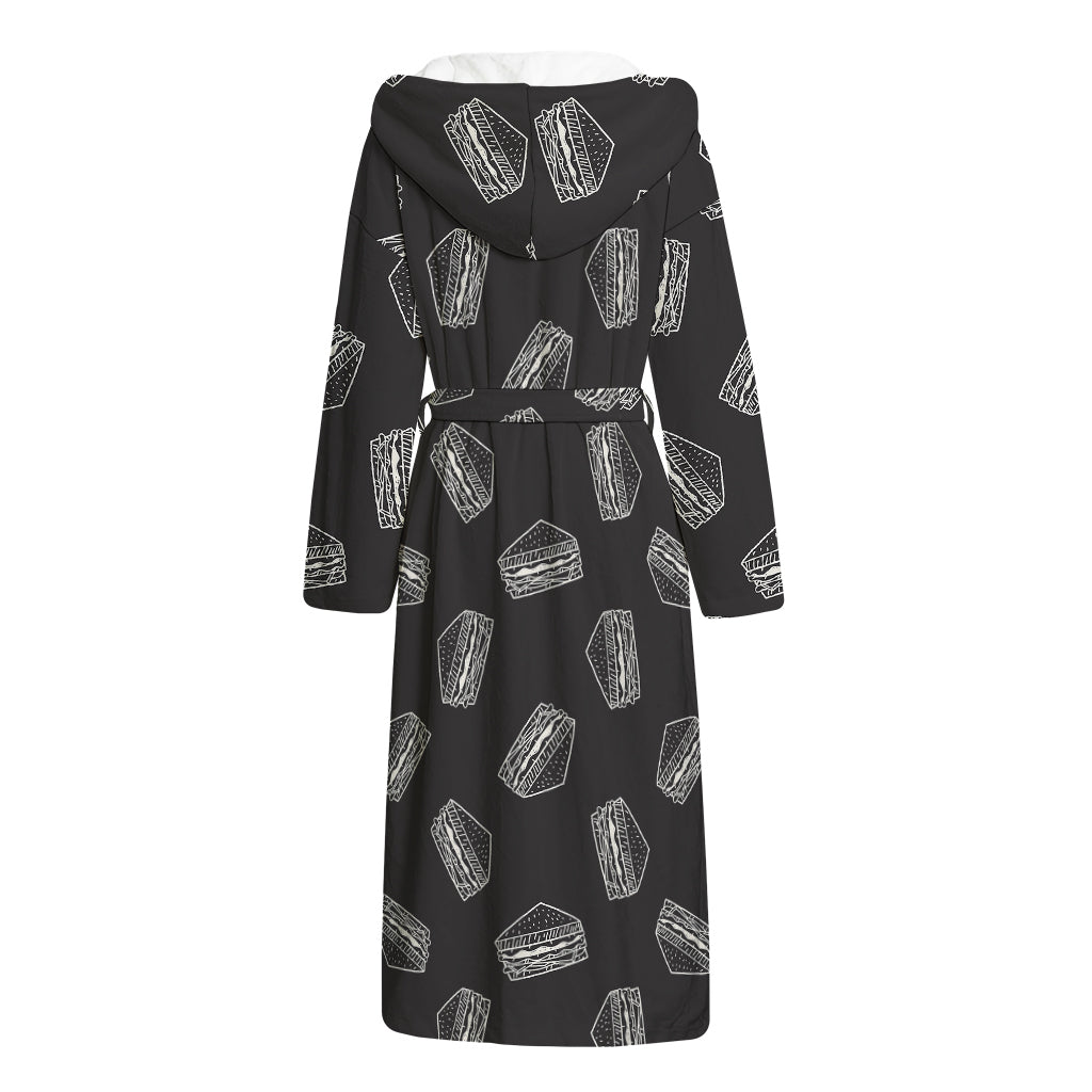 Black Doodle Sandwich Pattern Print Hooded Bathrobe