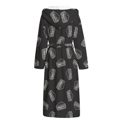 Black Doodle Sandwich Pattern Print Hooded Bathrobe