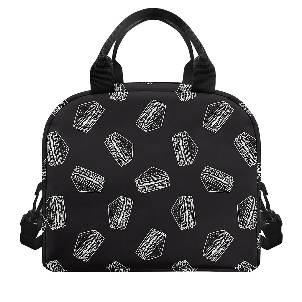 Black Doodle Sandwich Pattern Print Insulated Lunch Bag
