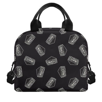 Black Doodle Sandwich Pattern Print Insulated Lunch Bag