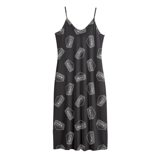 Black Doodle Sandwich Pattern Print Jersey Midi Cami Dress