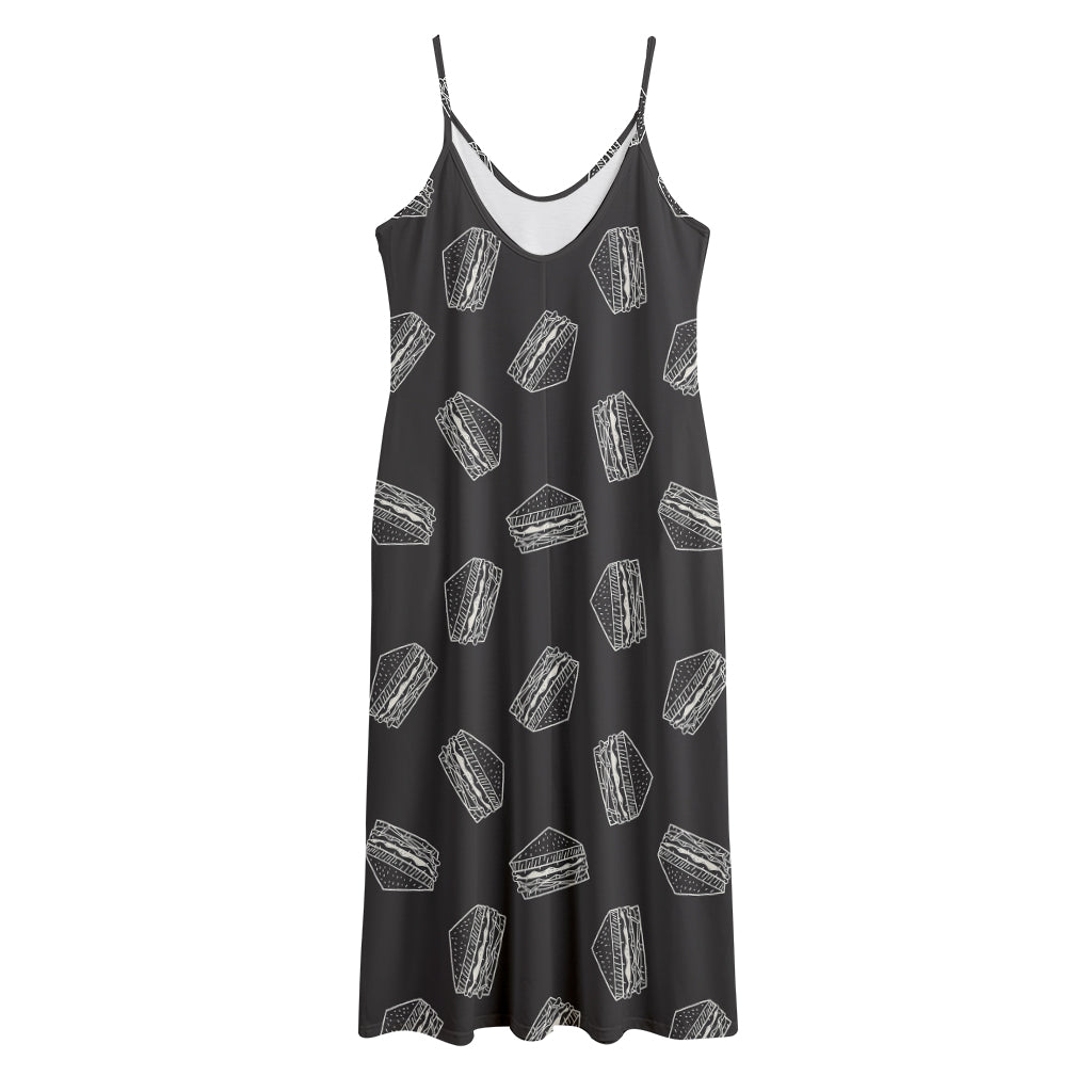 Black Doodle Sandwich Pattern Print Jersey Midi Cami Dress