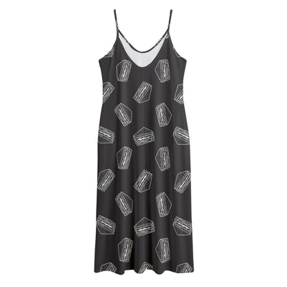 Black Doodle Sandwich Pattern Print Jersey Midi Cami Dress