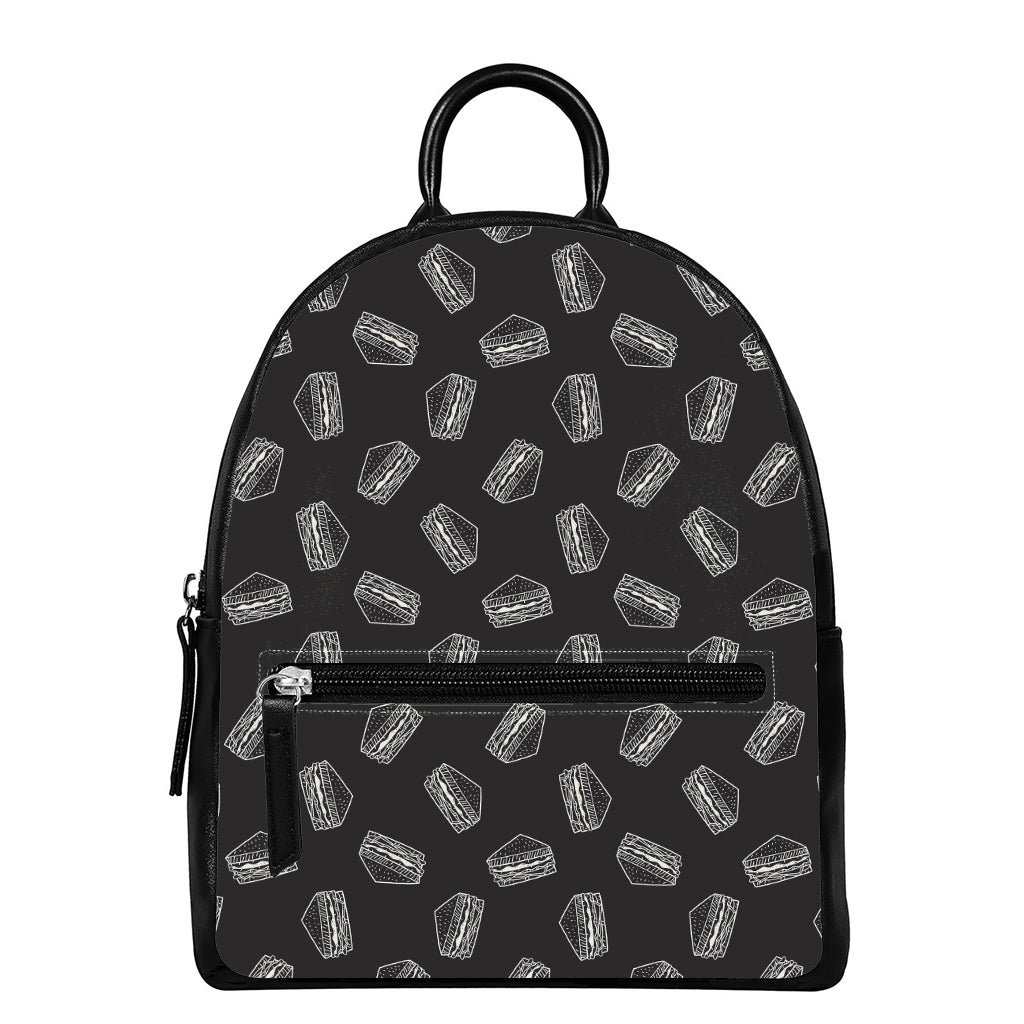 Black Doodle Sandwich Pattern Print Leather Backpack