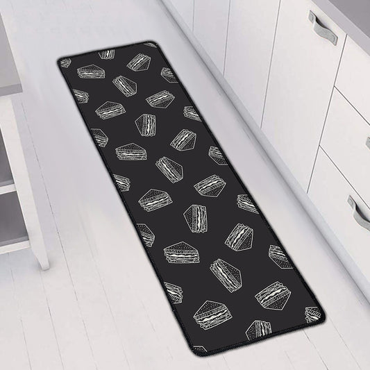 Black Doodle Sandwich Pattern Print Long Kitchen Mat