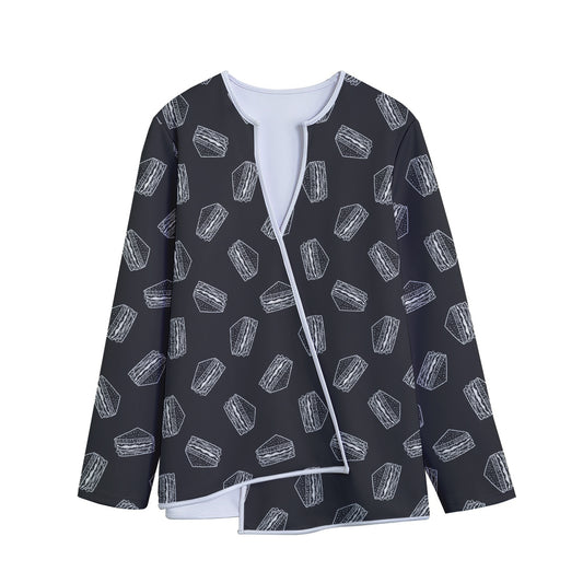 Black Doodle Sandwich Pattern Print Long Sleeve Short Coat