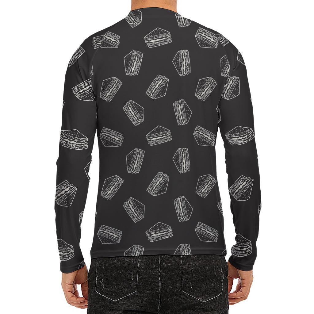 Black Doodle Sandwich Pattern Print Men's Long Sleeve Rash Guard
