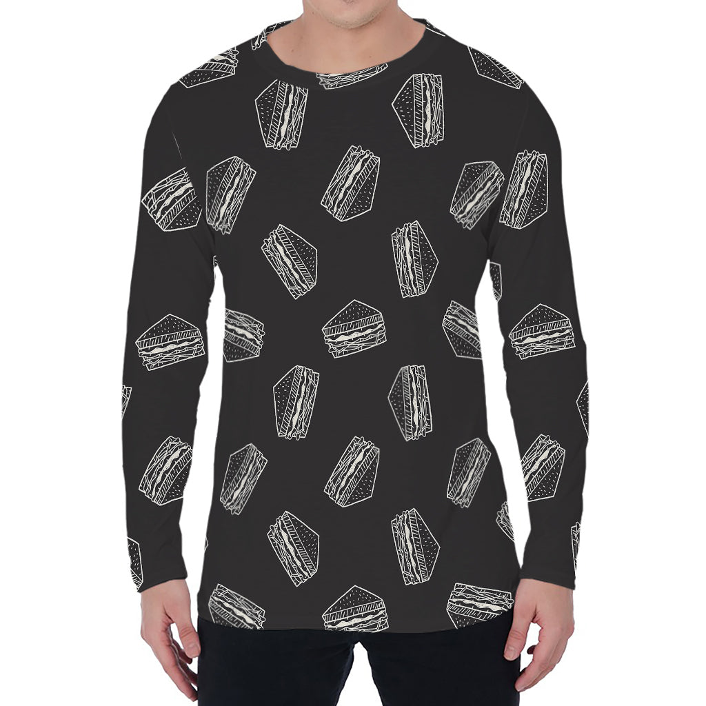 Black Doodle Sandwich Pattern Print Men's Long Sleeve T-Shirt