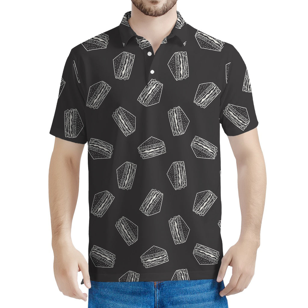 Black Doodle Sandwich Pattern Print Men's Polo Shirt