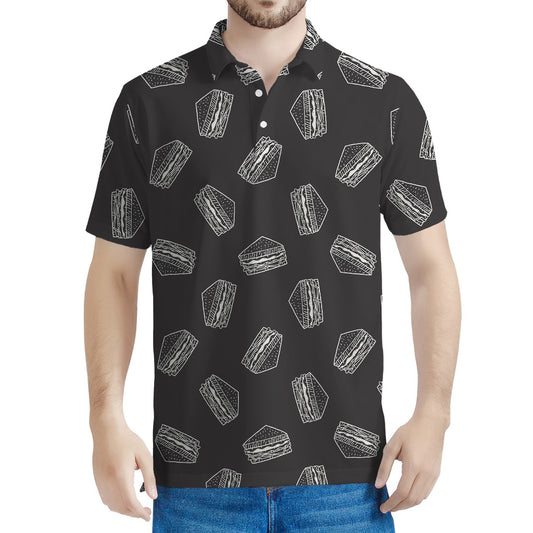 Black Doodle Sandwich Pattern Print Men's Polo Shirt
