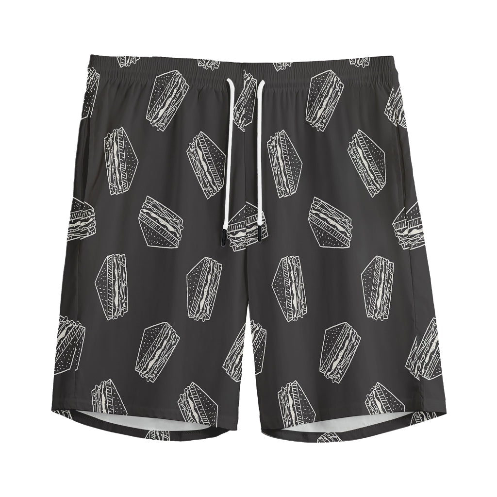Black Doodle Sandwich Pattern Print Men's Sports Shorts