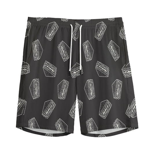 Black Doodle Sandwich Pattern Print Men's Sports Shorts