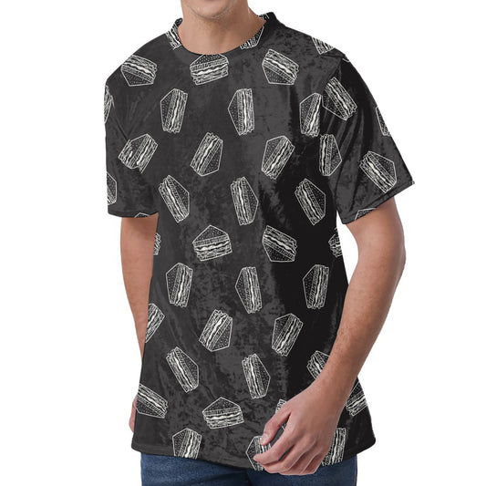 Black Doodle Sandwich Pattern Print Men's Velvet T-Shirt