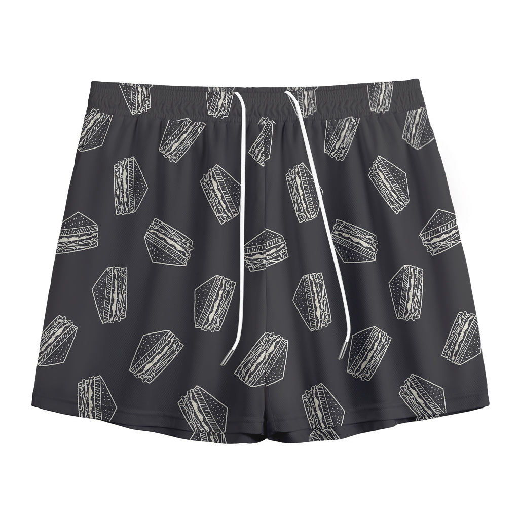 Black Doodle Sandwich Pattern Print Mesh Shorts