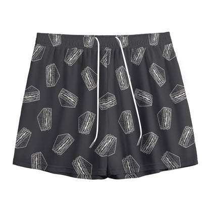 Black Doodle Sandwich Pattern Print Mesh Shorts