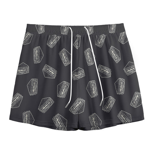 Black Doodle Sandwich Pattern Print Mesh Shorts