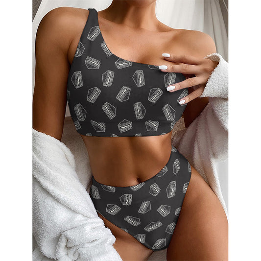 Black Doodle Sandwich Pattern Print One Shoulder Bikini Top