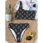 Black Doodle Sandwich Pattern Print One Shoulder Bikini Top