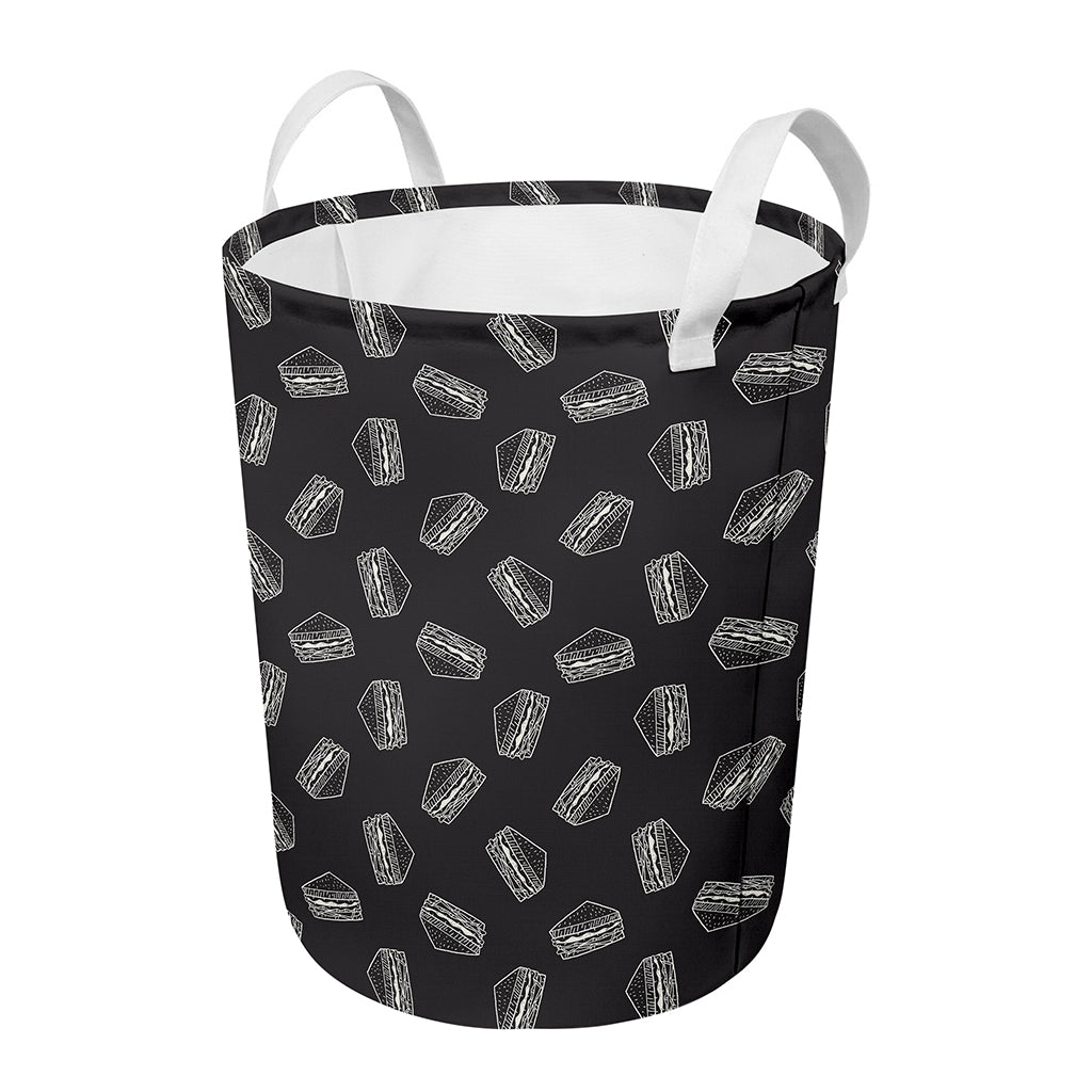 Black Doodle Sandwich Pattern Print Round Laundry Basket
