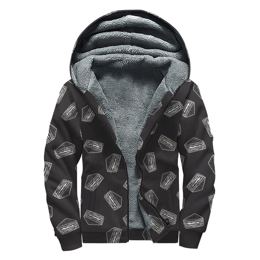 Black Doodle Sandwich Pattern Print Sherpa Lined Zip Up Hoodie