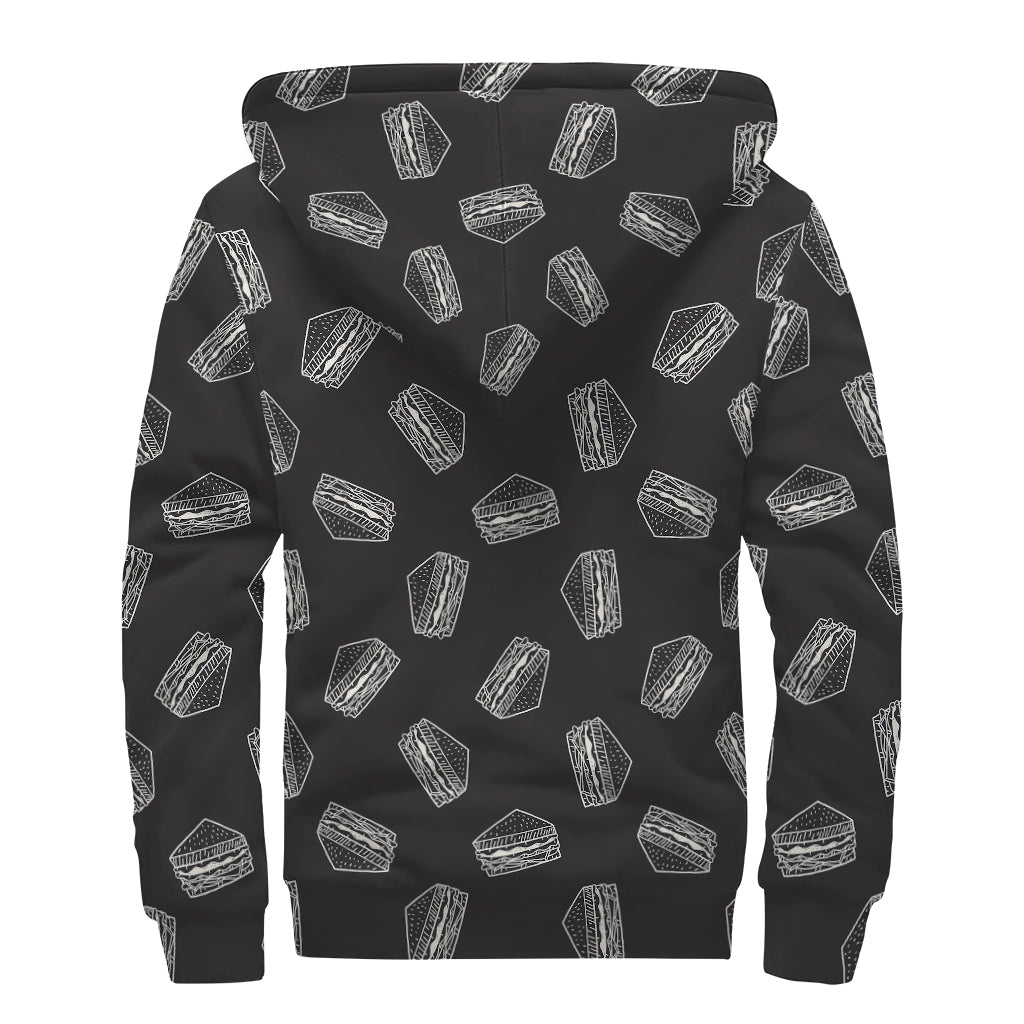 Black Doodle Sandwich Pattern Print Sherpa Lined Zip Up Hoodie