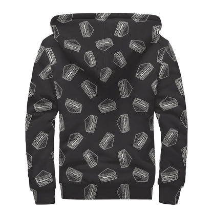 Black Doodle Sandwich Pattern Print Sherpa Lined Zip Up Hoodie