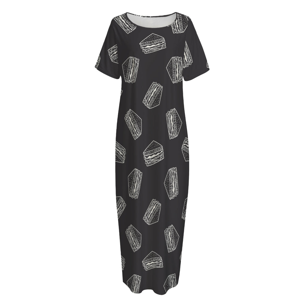 Black Doodle Sandwich Pattern Print Short Sleeve Long Nightdress