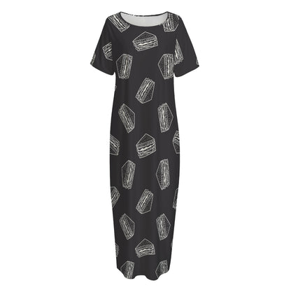 Black Doodle Sandwich Pattern Print Short Sleeve Long Nightdress